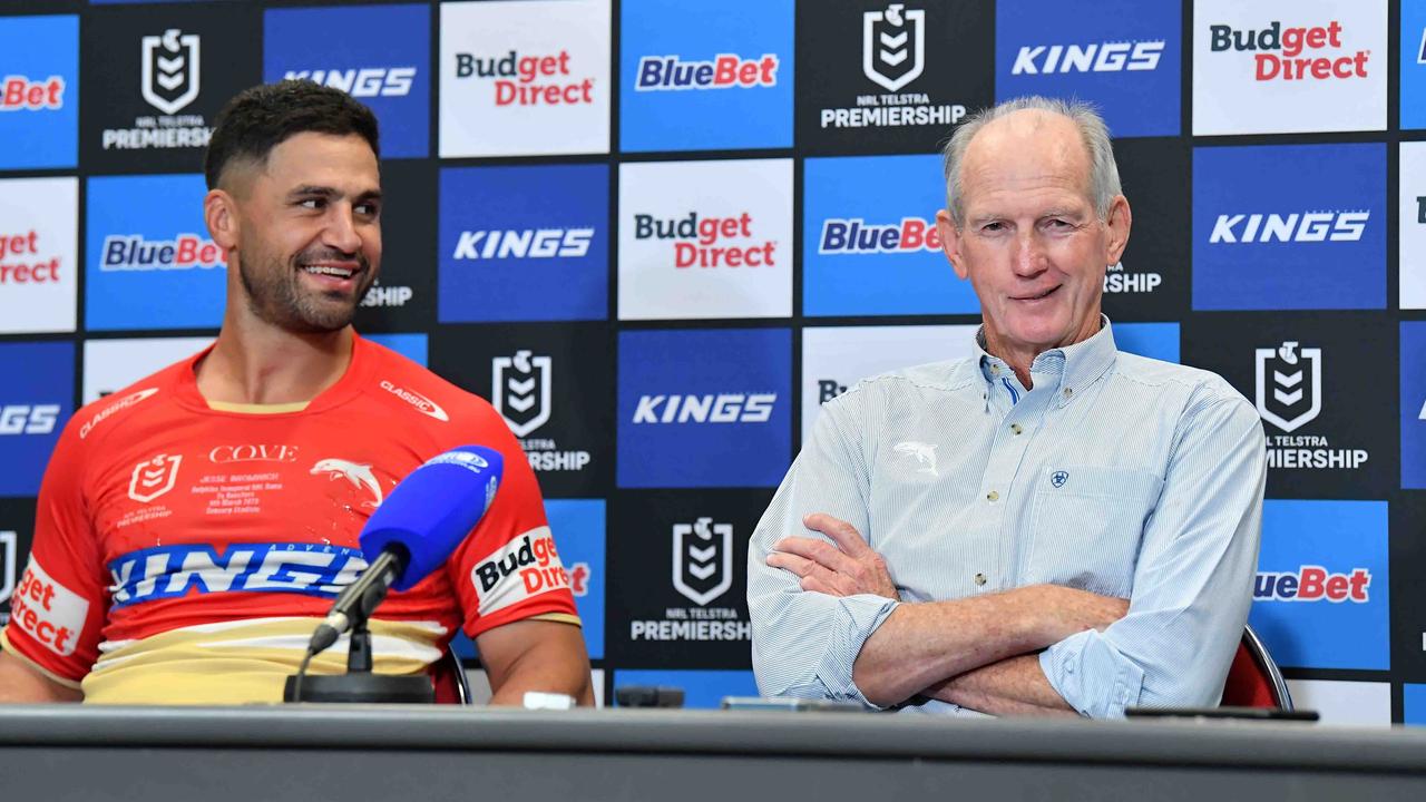 Wayne Bennett (R) with Jesse Bromwich after the win. Picture: Patrick Woods