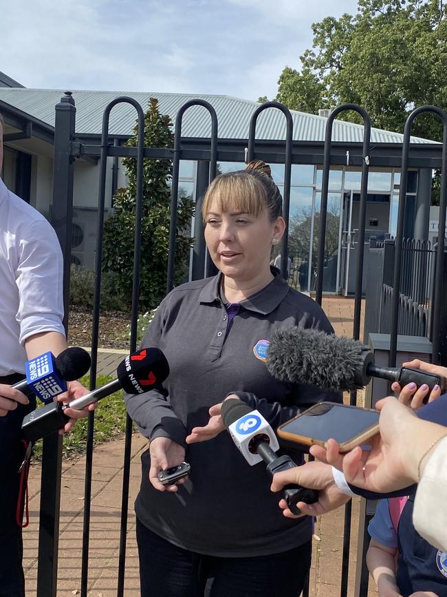 Parent Rachel Mitchell speaks to media following the stabbing at St Thomas More Primary. Picture: Agnes Gichuhi