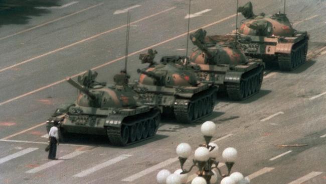 On June 5, 1989, a Chinese man stood alone to block a line of tanks leaving Tiananmen Square. This photo of “tank man” become an iconic image from that brutal time. Picture: Jeff Widener/AP