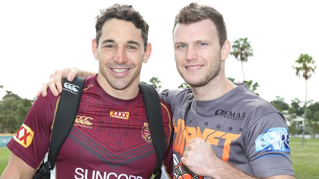 Jeff Horn with maroons player Billy Slater. Photo: Peter Wallis