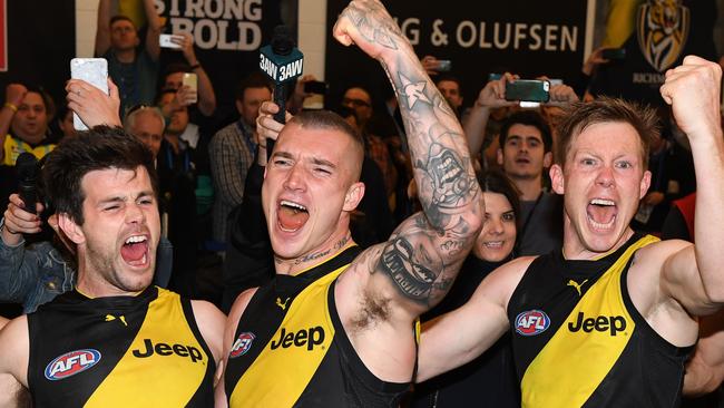 Trent Cotchin (left|) has a Brownlow, and teammate Dustin Martin could also come Monday night. Picture: AAP