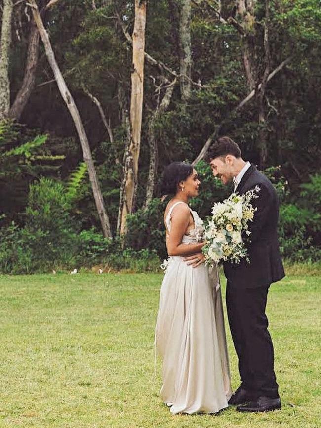 Miranda Tapsell with her husband James Colley on their wedding day in 2018. (Picture: Supplied)