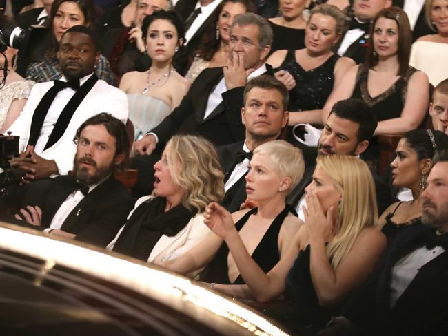 A shocked Oscars audience realises the mistake. Picture: AP