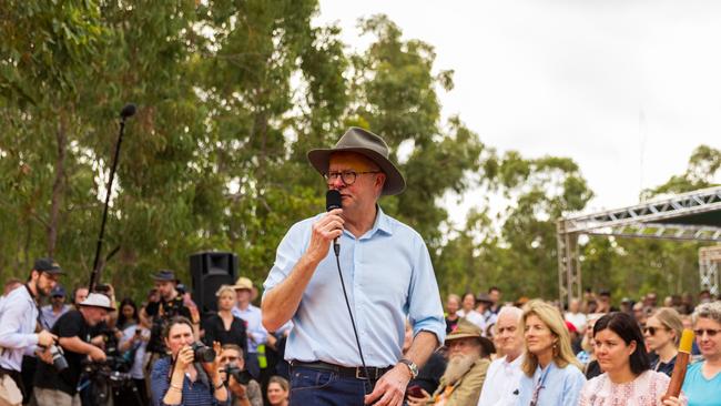 Prime Minister of Australia Anthony Albanese address crowd during the Garma Festival 2022 at Gulkula. Picture: Tamati Smith/ Getty Images