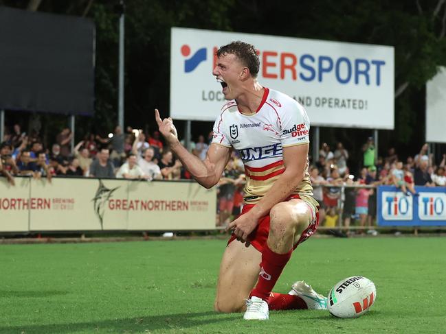 Jack Bostock starred for the Dolphins, scoring a hat-trick as the Dolphins dominated Parramatta in the second half. Picture: Getty Images