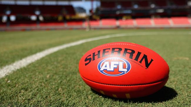 SYDNEY, AUSTRALIA - MARCH 19: A match ball Sherrin is seen during the round one AFL match between Greater Western Sydney Giants and Adelaide Crows at GIANTS Stadium, on March 19, 2023, in Sydney, Australia. (Photo by Cameron Spencer/AFL Photos/Getty Images)