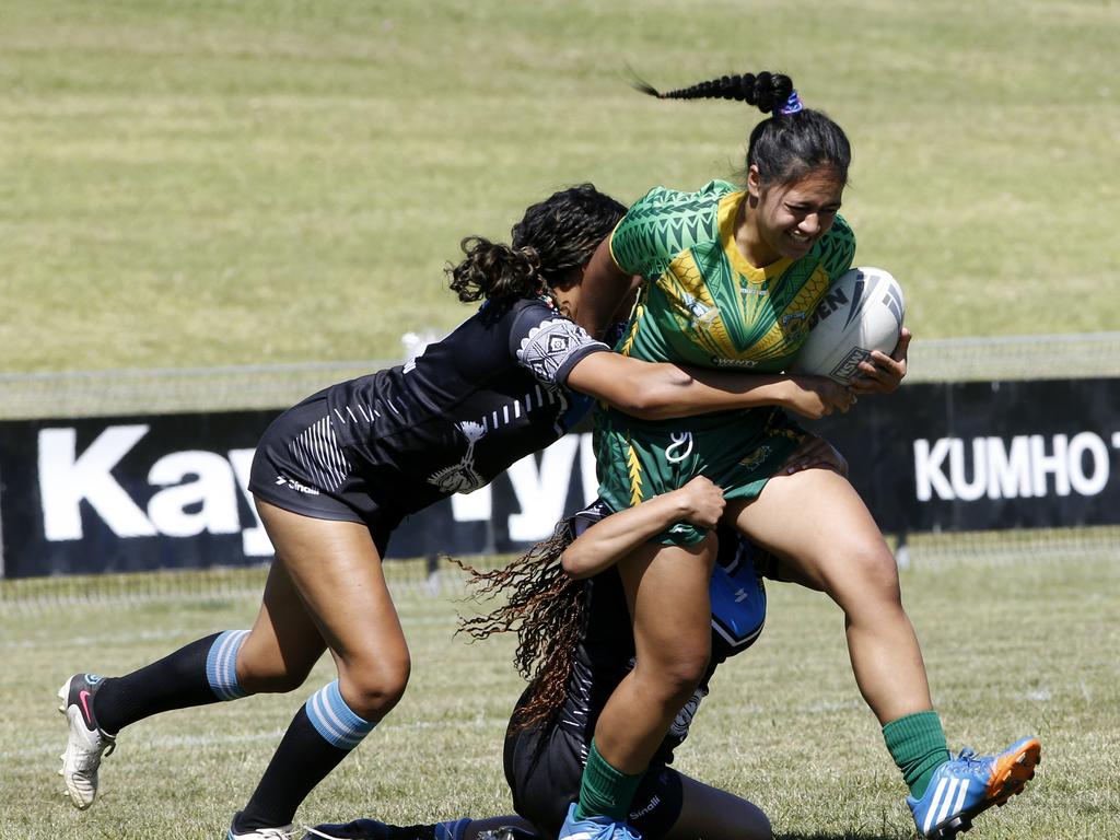 Mariah Fasavalu from Cook Islands. Under 18 Girls Ozzy Cooks (cook islands) v Fiji. Harmony Nines Rugby League. Picture: John Appleyard