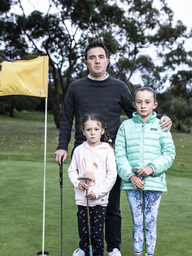 Owen Tubb and his two daughters Madeline 5 and Alexandra 8 play at the Rosny Park Public Golf Course before its closure. Picture Eddie Safarik