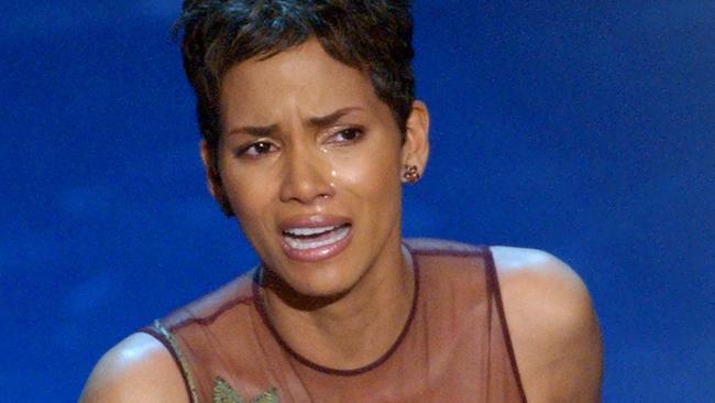 Halle Berry cries as she accepts the Oscar for best actress in 2002.