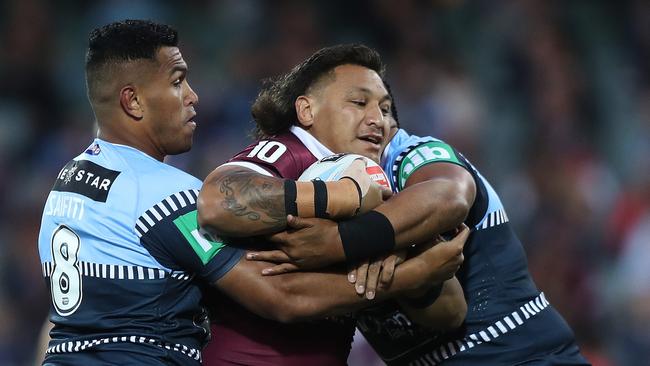 Josh Papalii runs the ball for Queensland during State of Origin Game One at Adelaide Oval. Picture: Brett Costello