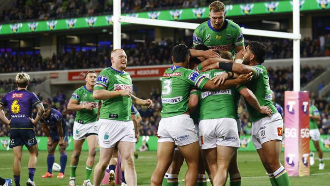 The Raiders celebrate an Elliott Whitehead try against the Storm. Picture: Daniel Pockett/Getty Images