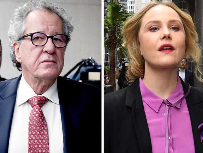 Geoffrey Rush and Eryn-Jean Norvill outside court today. Picture: