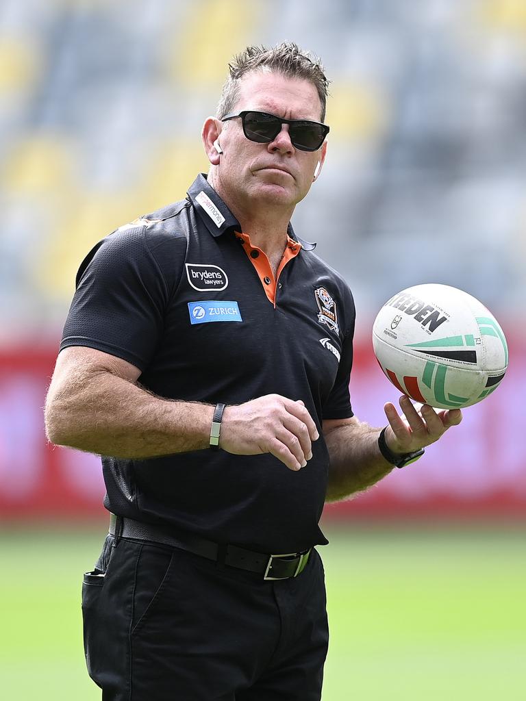 Wests Tigers coach Brett Kimmorley looks on before the start of the round seven NRLW match between North Queensland Cowboys and Wests Tigers at Queensland Country Bank Stadium. Photo: Ian Hitchcock/Getty Images