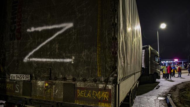 The first truck in the queue marked with the Russian military ‘Z’. Picture: Annabel Moeller