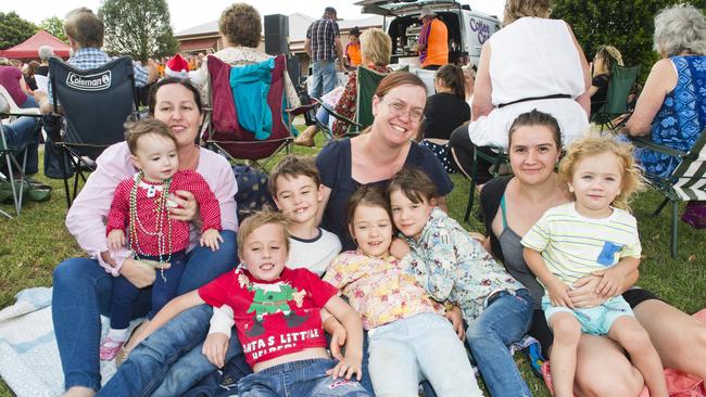 (Back from left) Mary Cole, Naomi Watts and Jennifer Wood. (Front from left) Edith Cole, Fletcher Cole, Alex Cole, Melissa Watts, Abigail Watts and Riley Watts at the Toowoomba Hospice Christmas Carols. Sunday, 25th Nov, 2018.