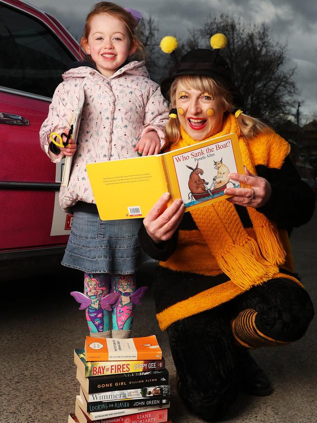 Sofia Langdon, 5, of Hobart with Mrs Bee who will provide free children’s entertainment at the Variety Monster Book Fair. Picture: Nikki Davis-Jones