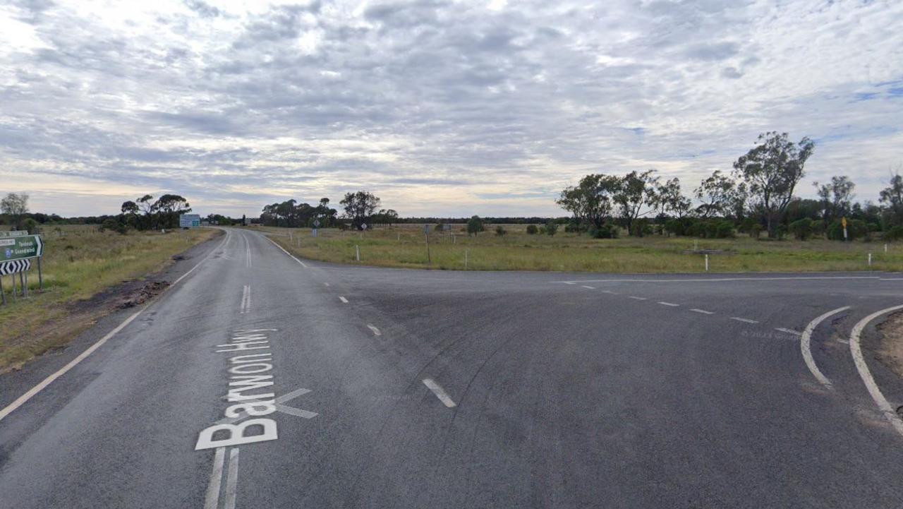 One lane of the Barwon Hwy at North Talwood has been closed after hay on the trailer of a truck caught fire. Photo: Maps