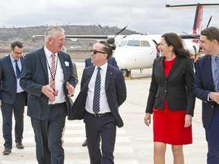 ( From left ) Denis Wagner, Qantas CEO Alan Joyce, Qld Premier Annastacia Palaszczuk and Cameron Dick. Qantas pilot training academy announced for Wellcamp airport. Thursday, 27th Sep, 2018. Picture: Nev Madsen