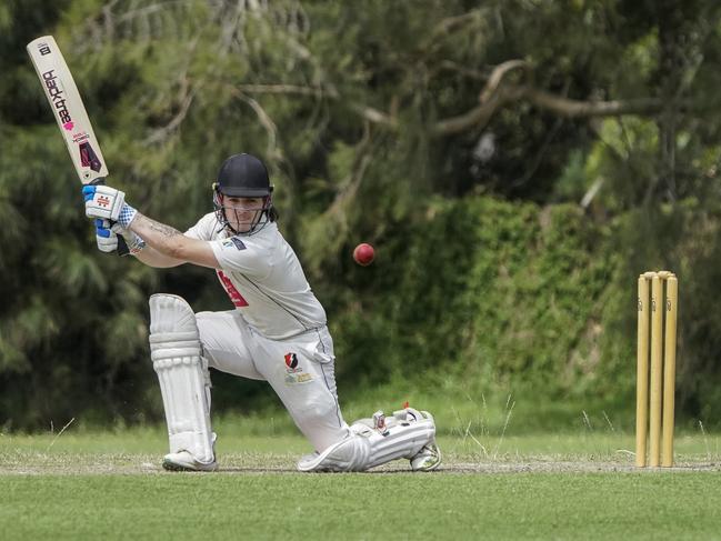 Bonbeach batter Daniel Van Hees plays a square drive. Picture: Valeriu Campan