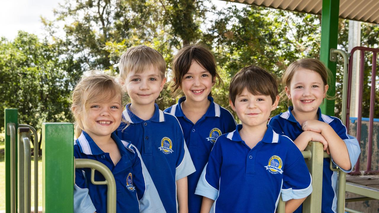 My First Year 2022: Emu Creek State School Prep students (from left) Bobbie, Finley, Lillyth, Hudson and Arly. Absent is Luke, Tuesday, March 1, 2022. Picture: Kevin Farmer