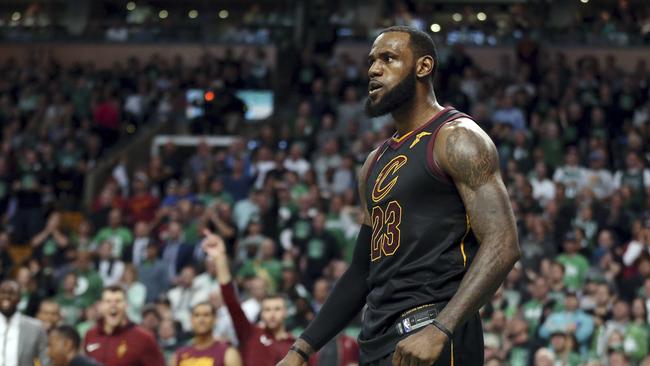 Cleveland Cavaliers forward LeBron James celebrates a basket against the Boston Celtics in May. Picture: AP