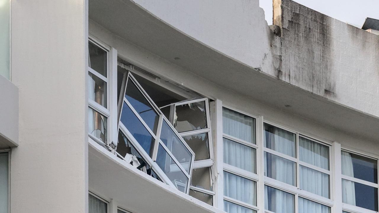 Daylight reveals the damage to the hotel after the helicopter crash. Picture: Brendan Radke