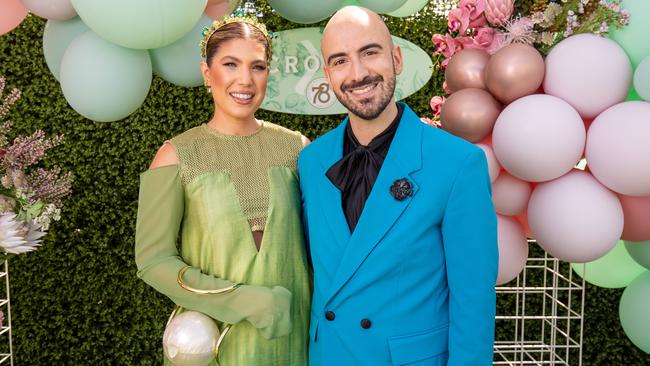 Lauren Dilena (left) and Damian Porcaro (right) at the 2023 Morphettville Racecourse Adelaide Cup. Picture: Ben Clark