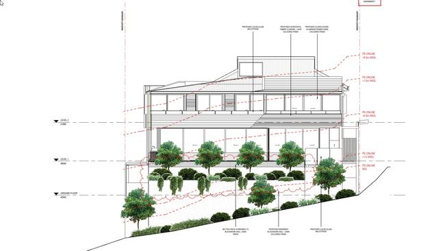 Architects drawing of the rear view of 9 Reading St, Paddington, seen from the perspective of the rear neighbours on Wilden St, showing the height of the retaining walls.