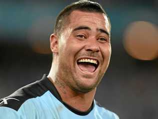 Andrew Fifita of the Sharks celebrates following his team's win over the Storm in the NRL grand final. Picture: DAN HIMBRECHTS