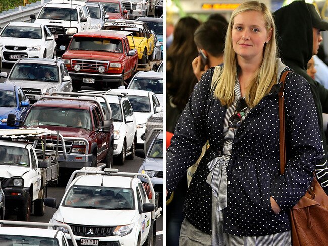 Frustrated commuter Sarah Lardlew, right, and the clogged Tullamarine Freeway in Melbourne. Picture: Stuart McEvoy