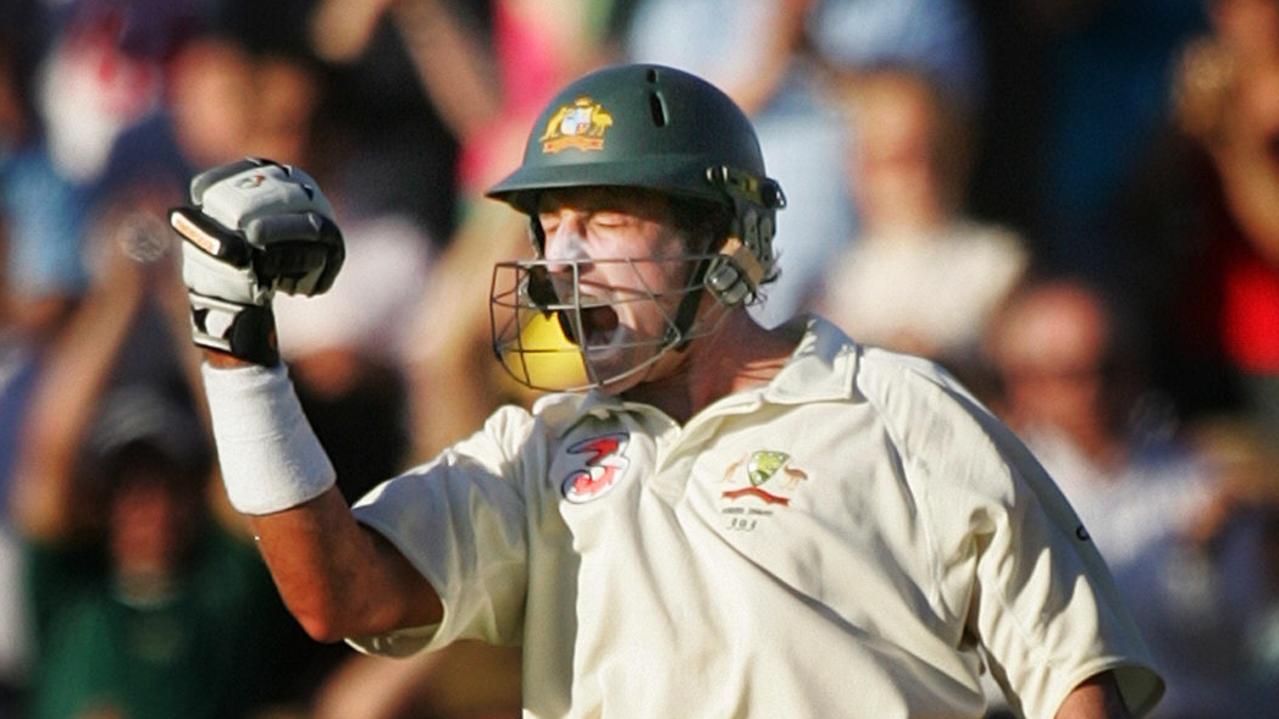 Michael Hussey after hitting the winning runs against England in Adelaide in 2006.
