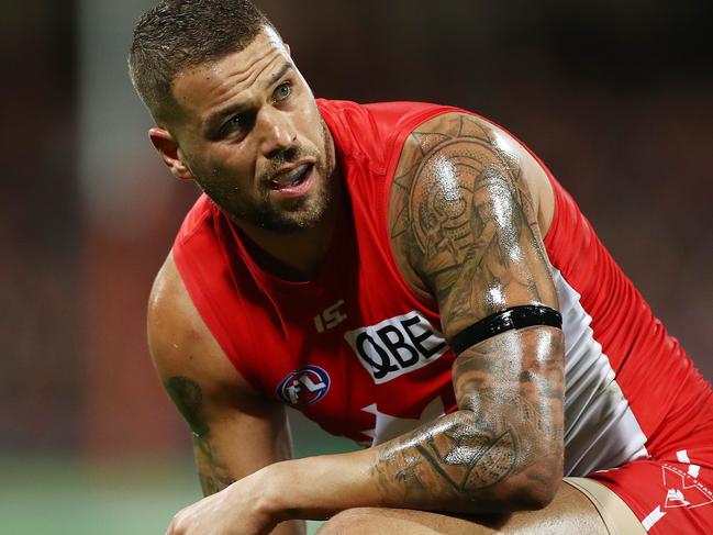 SYDNEY, NEW SOUTH WALES - SEPTEMBER 08:  Lance Franklin of the Swans looks on during the AFL Second Elimination Final match between the Sydney Swans and the GWS Giants at Sydney Cricket Ground on September 8, 2018 in Sydney, Australia.  (Photo by Mark Metcalfe/AFL Media/Getty Images)