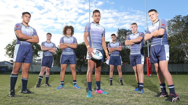 Coombabah State High had five kids make the top Queensland under-15 rugby league team plus another two in the "white" team last year. Photo of (L-R) Blake Ruaporo, Nick Hilton, Joseph Shannon, Timothy Sielaff-Burns, Beau Liddle, Kobie Mackey, Josh Lynn. Photo by Richard Gosling.