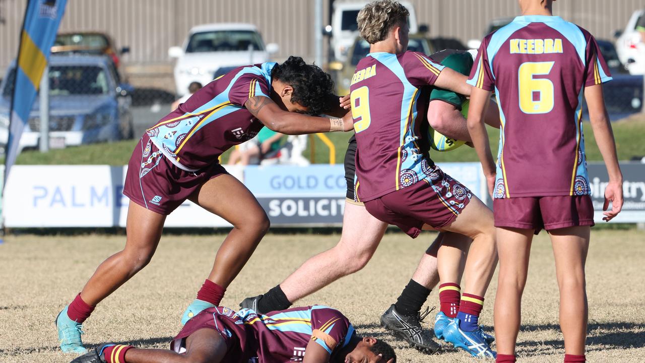 Titans Cup Finals. Tweed River High (green and Black) v Keebra Park (blue) in Open Boys Development division at Southport Tigers . Picture Glenn Hampson.