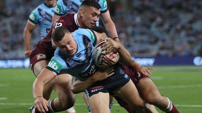 NSW's Jack Wighton scores a try during Game 2 of the State of Origin match between the NSW Blues and Queensland Maroons at ANZ Stadium. Picture: Brett Costello