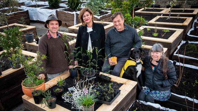 Tino Carnivale, of <i>Gardening Australia</i>, Macquarie Point CEO Mary Massina, Angus Stewart, of Gardening Australia, and Aboriginal horticulturalist Kris Schafer in the edible plant precinct. Picture: ALASTAIR BETT