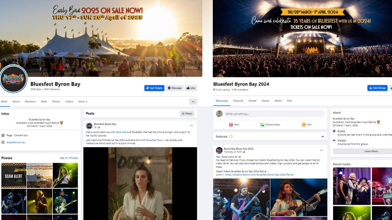 A well-constructed fake Facebook page (on the right) is apparently trying to scam people, by selling non-existent streams and videos of the Byron Bay Bluesfest, which finished on April 1.