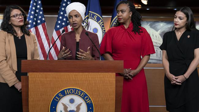 From left, Rashida Tlaib, Ilhan Omar, Ayanna Pressley, and Alexandria Ocasio-Cortez, hold a press conference. Picture: AP.