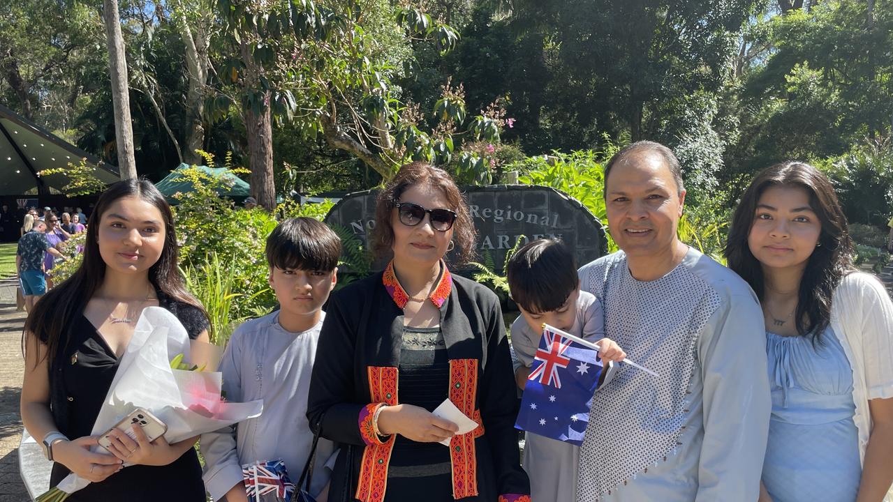 Zahra, Ahmad, Zohra, Gulrahman, Zohal and Mudsr at the Australia Day ceremony at the Botanic Gardens in Coffs Harbour. Picture: Matt Gazy