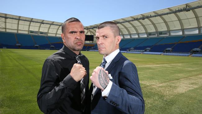 Anthony Mundine and John Wayne Parr face off at Cbus Super Stadium ahead of their upcoming boxing match. Picture Glenn Hampson