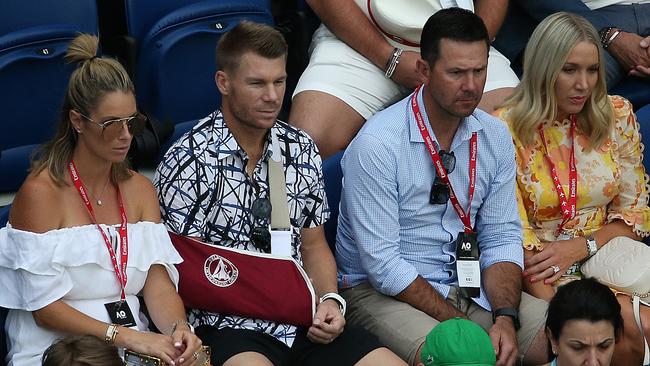 Candice Warner, David Warner, Ricky Ponting and wife Rianna Jennifer Cantor watch the tennis. Picture: AAP Images 