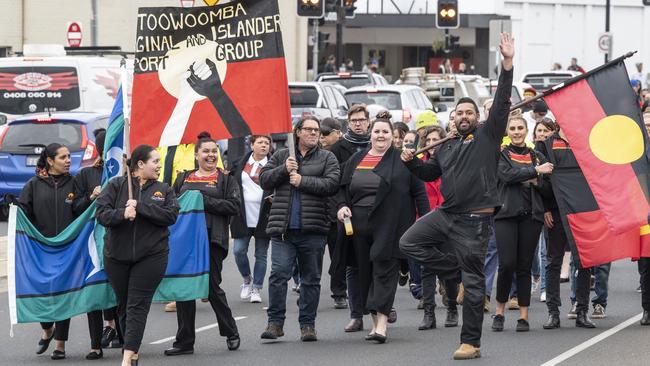 Nathan Gaulton leads the NAIDOC Week march in Toowoomba. Monday, July 4, 2022. Picture: Nev Madsen.