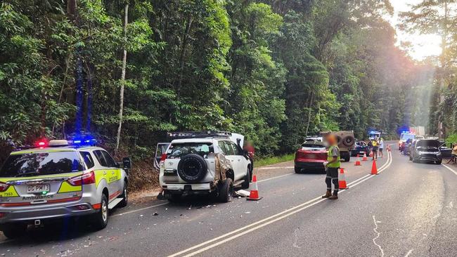 A truck coming down the Kuranda Range road has crashed into ten stationary vehicles stopped at road works near Rainforestation. Picture: Queensland Ambulance Service