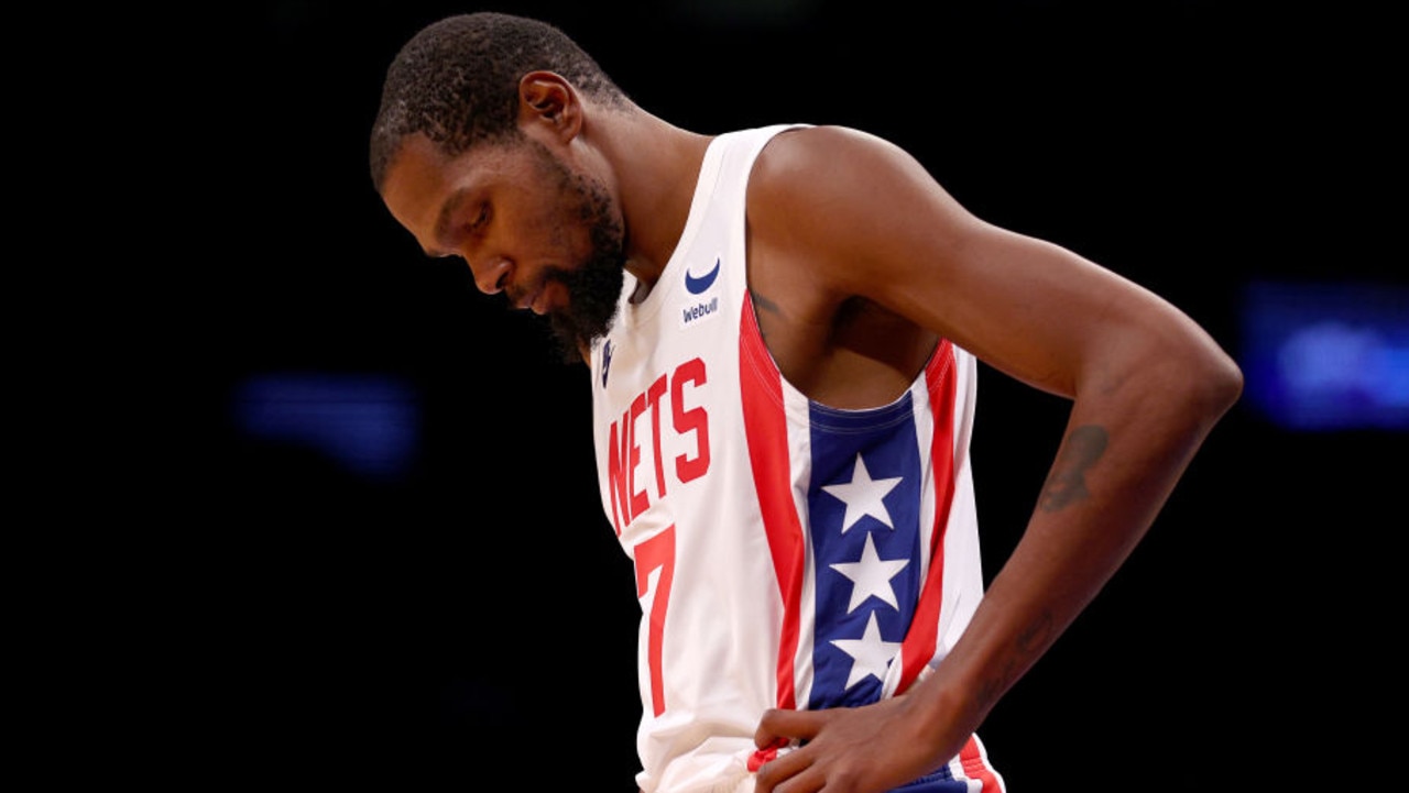 NEW YORK, NEW YORK - OCTOBER 29: Kevin Durant #7 of the Brooklyn Nets reacts in the fourth quarter against the Indiana Pacers at Barclays Center on October 29, 2022 in the Brooklyn borough of New York City. The Indiana Pacers defeated the Brooklyn Nets 125-116. NOTE TO USER: User expressly acknowledges and agrees that, by downloading and or using this photograph, User is consenting to the terms and conditions of the Getty Images License Agreement. (Photo by Elsa/Getty Images)