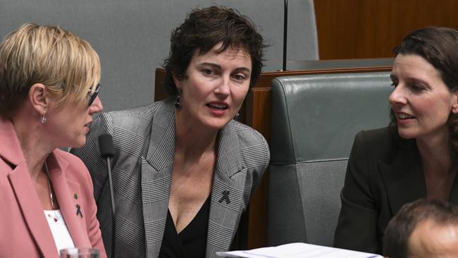 Teals Zoe Daniel, left, Kate Chaney and Allegra Spender in the House of Representatives at Parliament House in Canberra. Picture: NewsWire / Martin Ollman