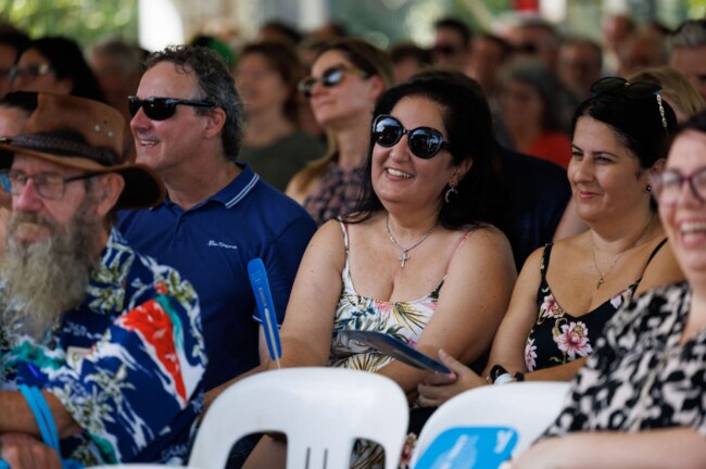 Attendees gather for the Cyclone Tracy commemoration, organised by the City of Darwin. Picture: Charlie Bliss.