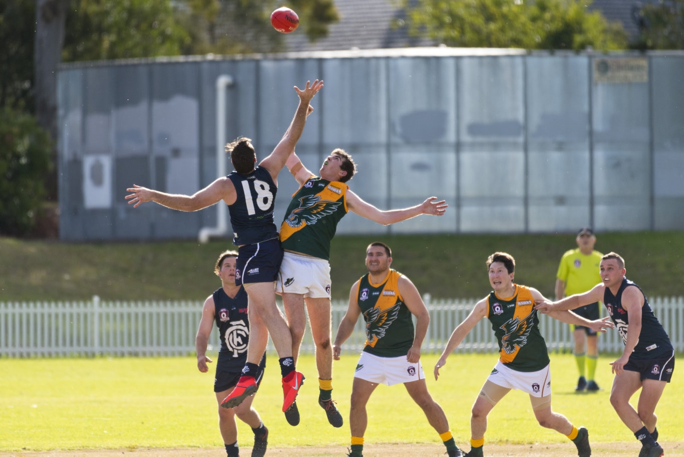 Carl Stevenson (left) for Coolaroo and Aiden Doolan of Goondiwindi in AFL Darling Downs round one at Rockville Oval, Saturday, July 11, 2020. Picture: Kevin Farmer