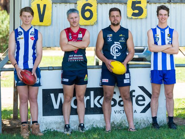 Corryong, VIC AUSTRALIAUpper Murray Football League is down to just 4 teams for the coming football season.L-R Sam Clarke (Tumba), Patrick Riley (Corryong), Mitch Pynapples (Cudgewa), Henry Waters (Tumba) with Gordon Nicholas (UMFNL President) above with Mary Middleton (Tumba) and Jess Clarke (Tumba).Byline - Simon Dallinger