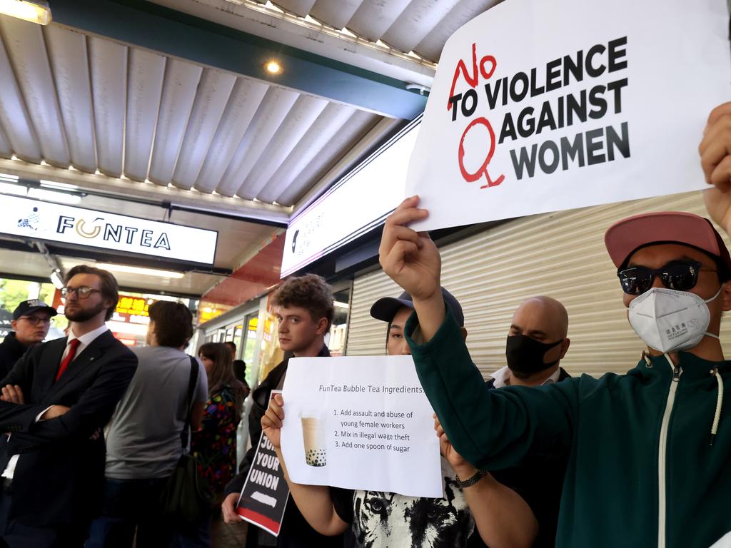 Dozens protested against alleged wage theft and the violent assault outside of the FunTea store on Gouger St in February. Picture: NCA NewsWire / Kelly Barnes