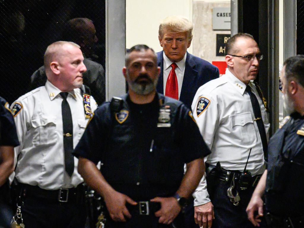 Trump arrives at Manhattan Criminal Court for his first indictment, on 34 felony counts of falsifying business records, in April. Picture: AFP